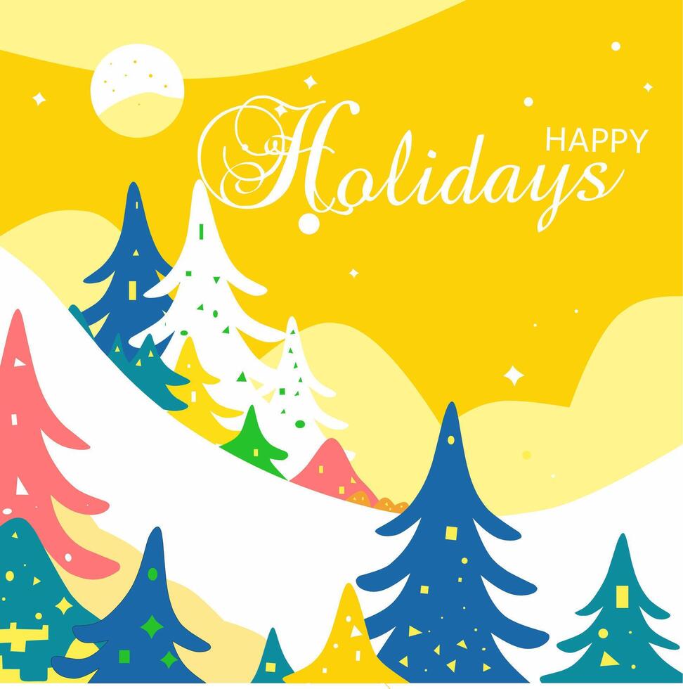 illustration design with images of trees and snow on a yellow background with the words happy holiday vector