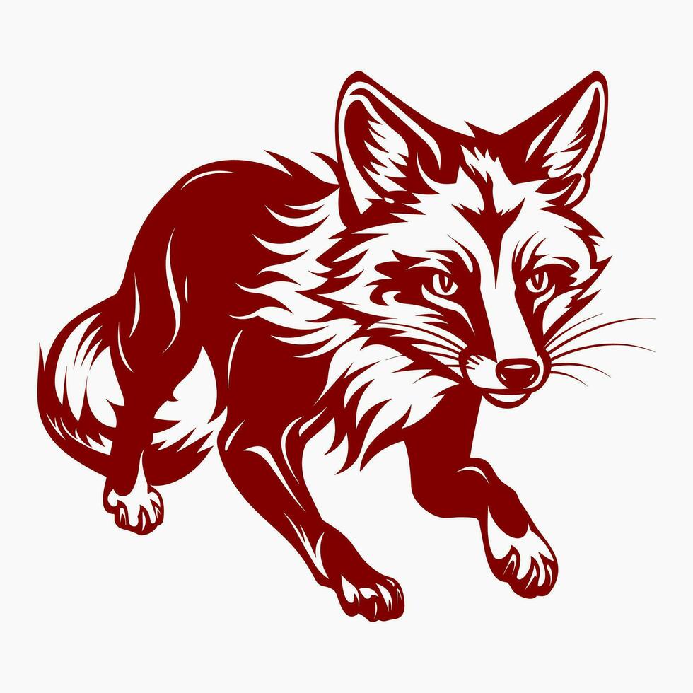 Full-length portrait of a red crouching fox. Monochrome vector illustration, simple style, isolated on white background.