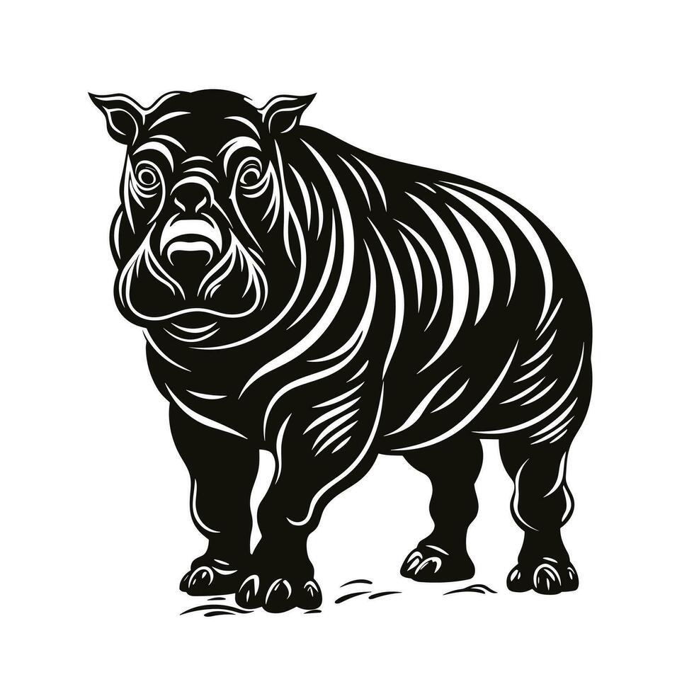Portrait of a hippopotamus, full body view, black and white illustration. Simple vector style, symbol of power and strength.