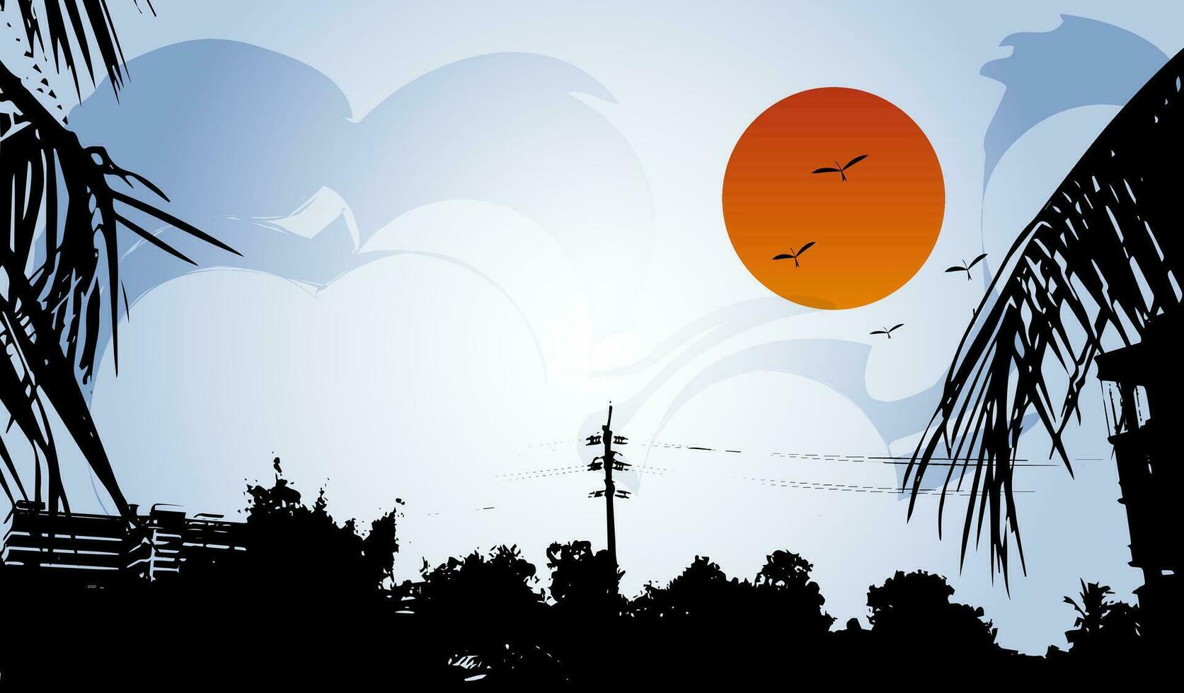 a sunset with palm trees and birds flying over it, branch, sun, sky, nature, tree, sunset, dark, autumn, outdoor, landscape, mountains, yellow, mountain, bat, vector, art, orange, spooky, moon, vector