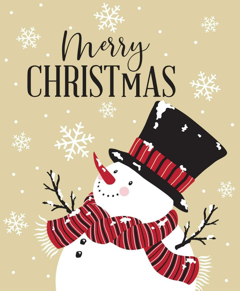 Snowman With Merry Christmas Wording And Snowflakes vector