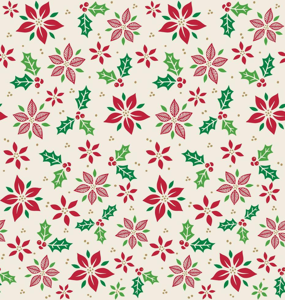 Seamless Red Poinsettia And Holly Leaves vector