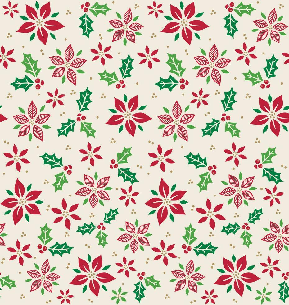 Seamless Red Poinsettia And Holly Leaves vector