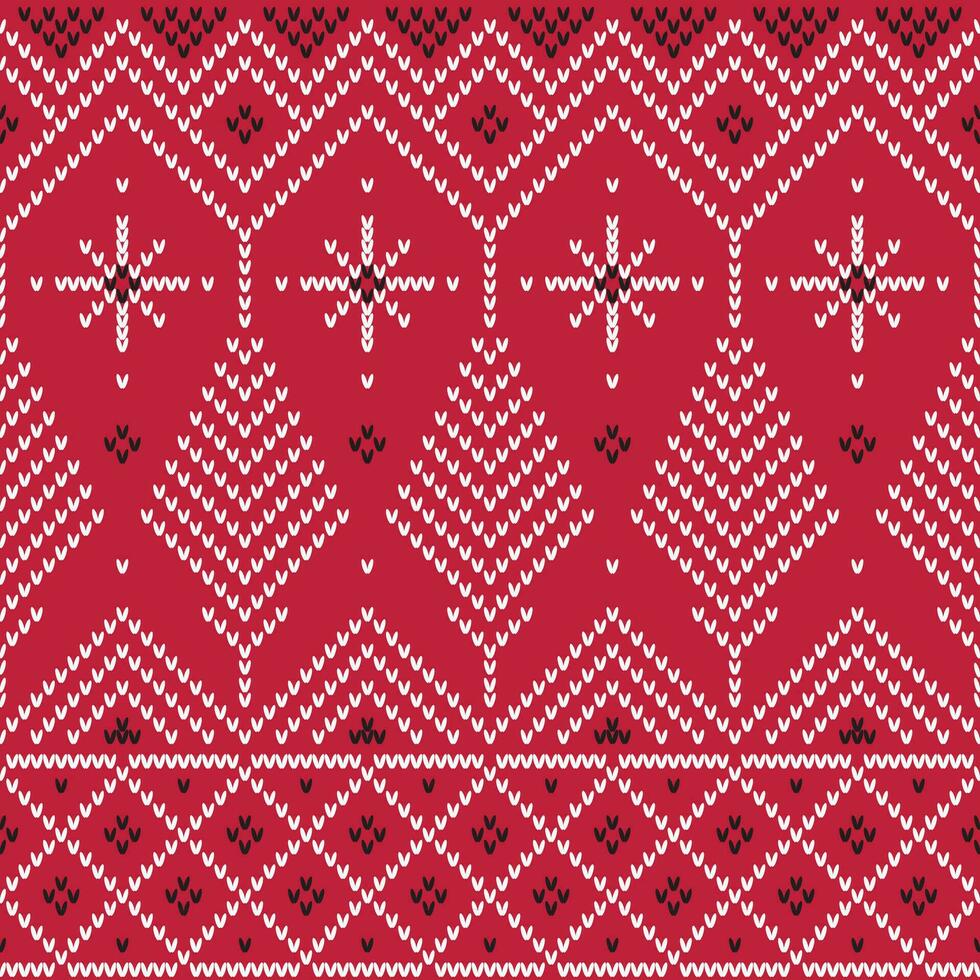 Seamless Tree And Snowflakes Scandinavian Pattern On Red Background vector