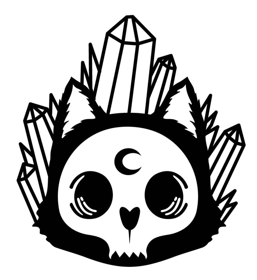 Cute cartoon cat skull. Magic crystals and cat's skull. Cat silhouette vector