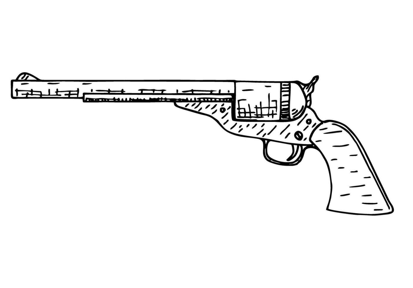 The Colt Revolver with bullets. Vintage pistol silhouette. Western handgun. Line Art vector