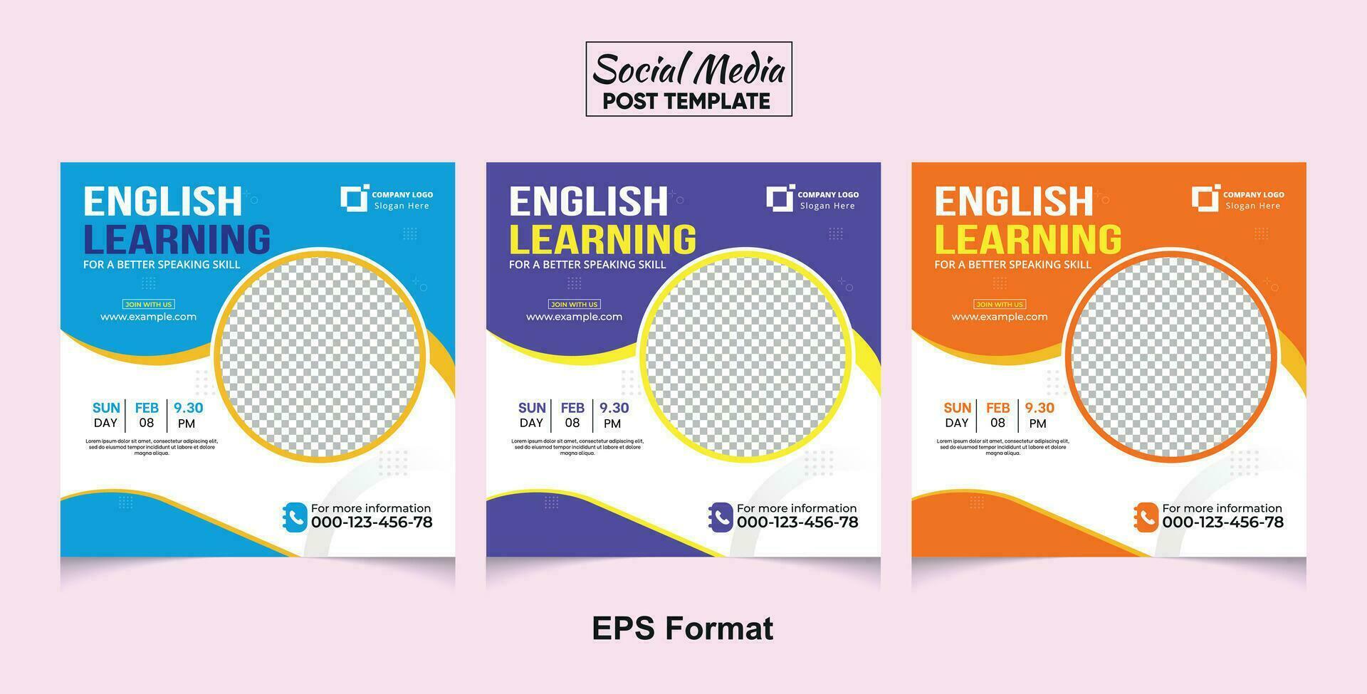 English learning social media post design template. Advertising social media posts with customized layers. Promotional social media posts for advertising vector