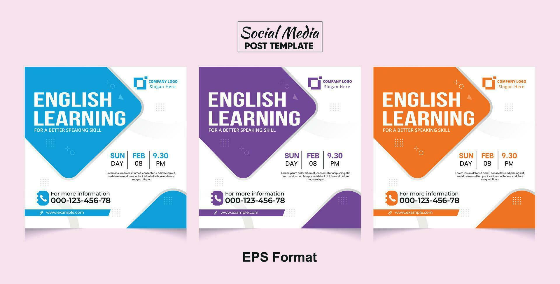 English learning social media post design template. Advertising social media posts with customized layers. Promotional social media posts for advertising vector