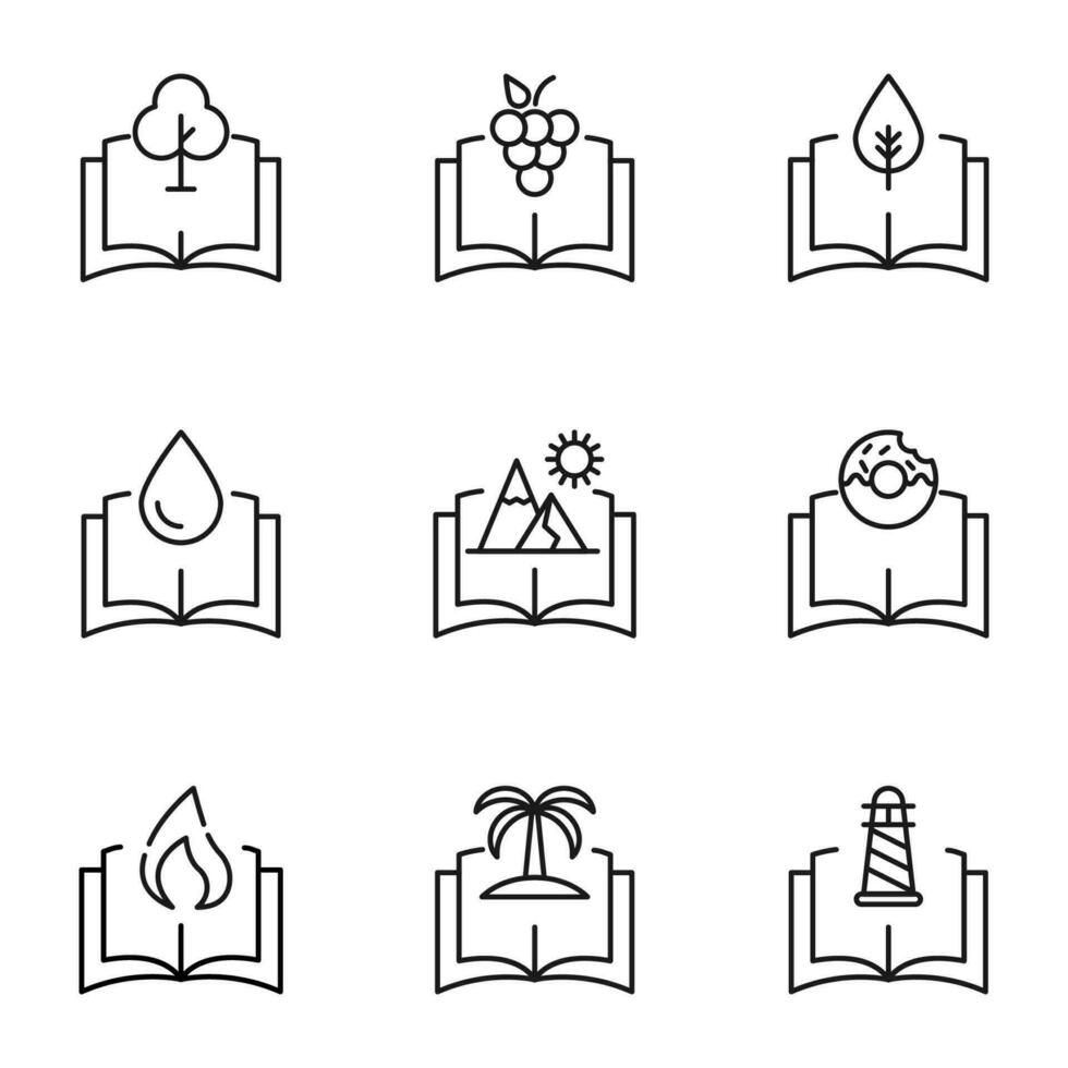 Set of signs for UI, adverts, books drawn in line style. Editable stroke. Icons of tree, grape, drop, mountain, donut, fire, palm, lighthouse over book vector