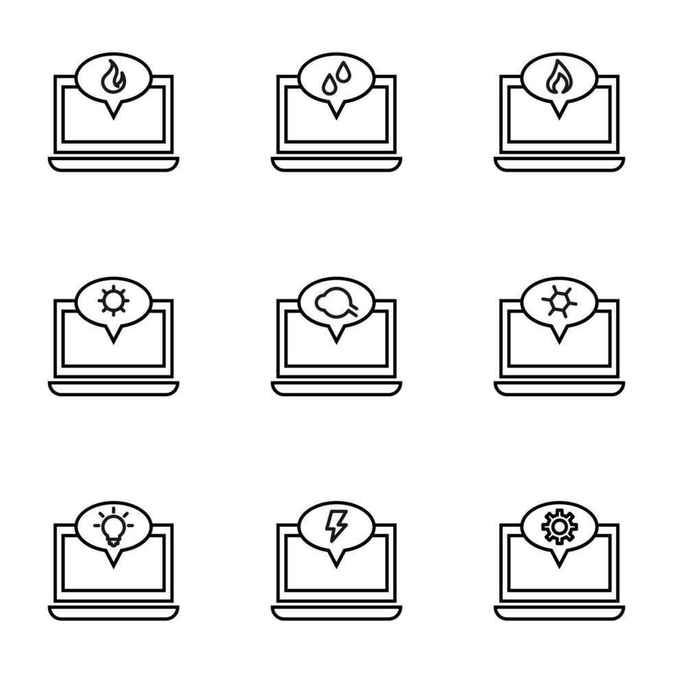 Set of signs for UI, adverts, books drawn in line style. Editable stroke. Icons of fire, water, sun, eye, lamp, flash, gear, chemistry on laptop vector