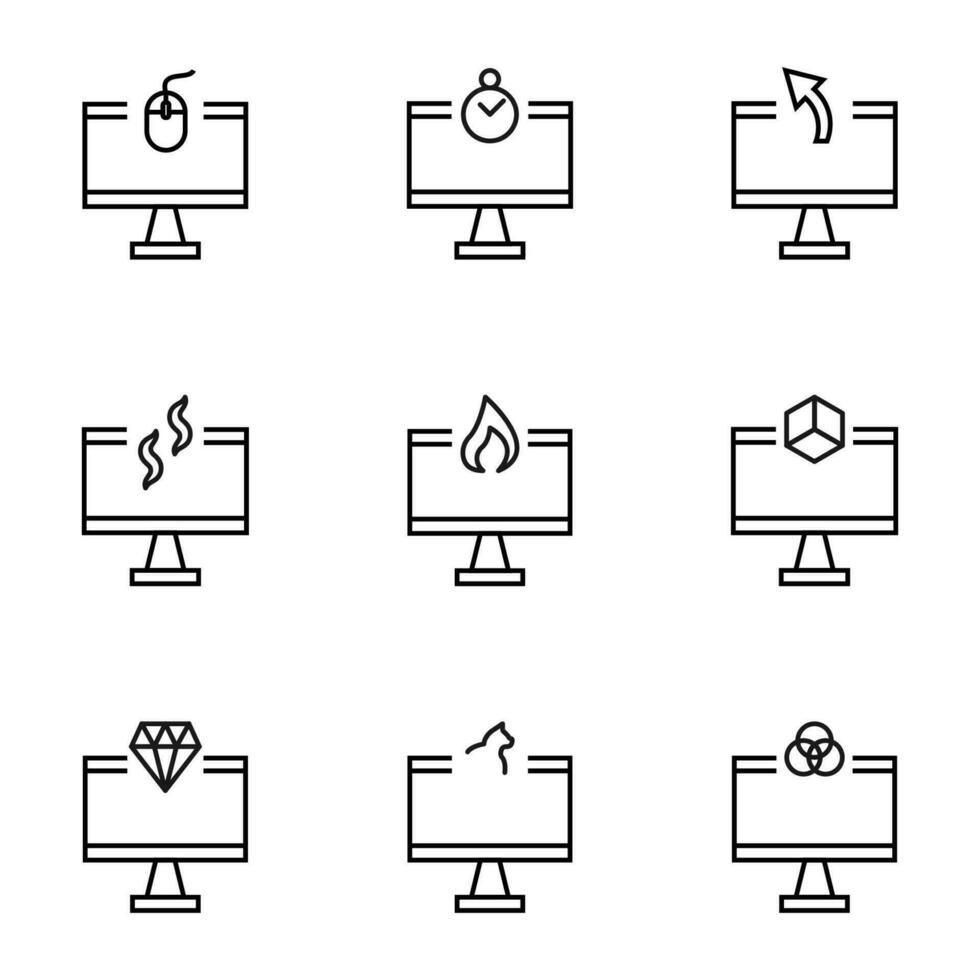 Set of signs for UI, adverts, books drawn in line style. Editable stroke. Icons of mouse, timer, arrow, fume, fire, cube, diamond, cat on computer monitor vector