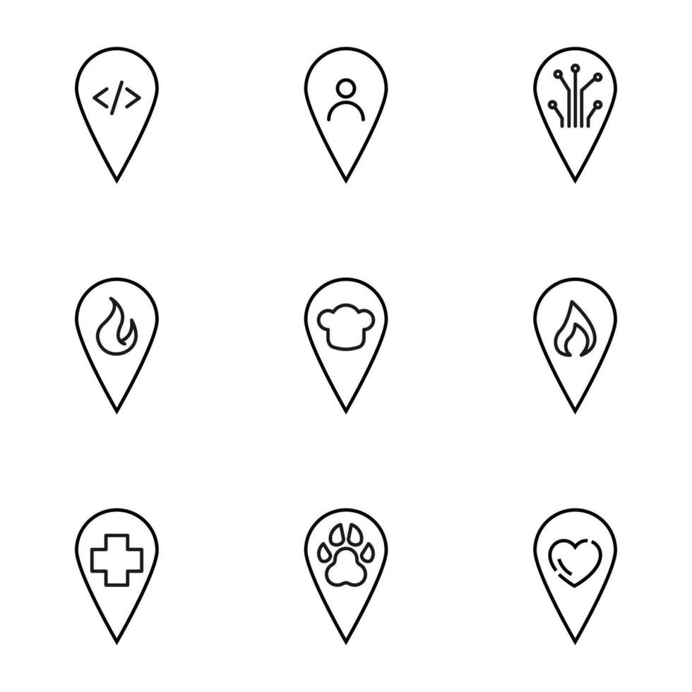 Set of signs for UI, adverts, books drawn in line style. Editable stroke. Icons of programming, user, chip, fire, chef, medical cross, paw, heart inside of map pin vector