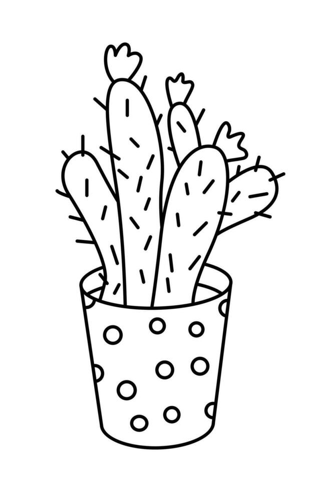 Cactus in a pot decorated with polka dots. Vector doodle hand drawn illustration of potted plan houseplant  black outline