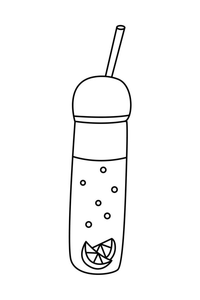 Reusable  water bottle for daily and fitness with a lemon slice. Vector doodle hand drawn illustration black outline