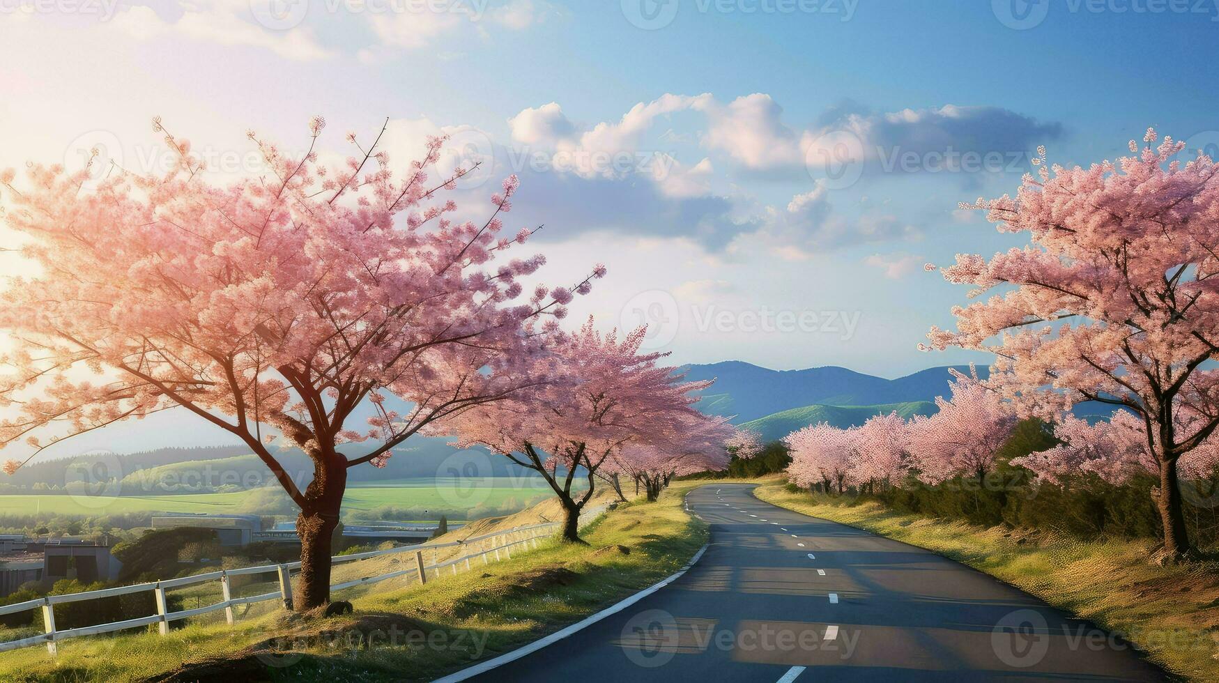 park countryside cherry blossoms ai generated photo