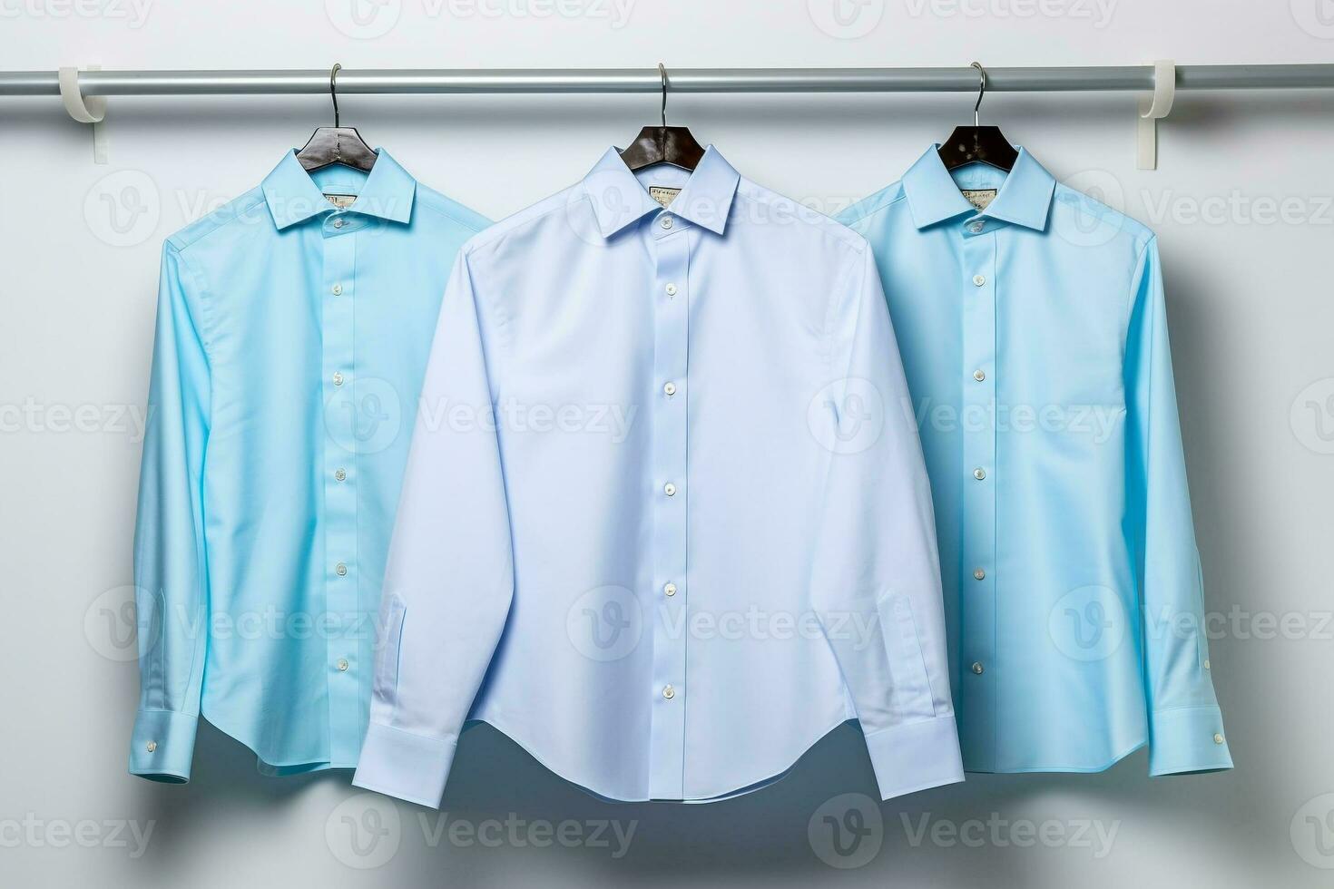 de los hombres largo con mangas azul camisa en percha. generativo ai. foto