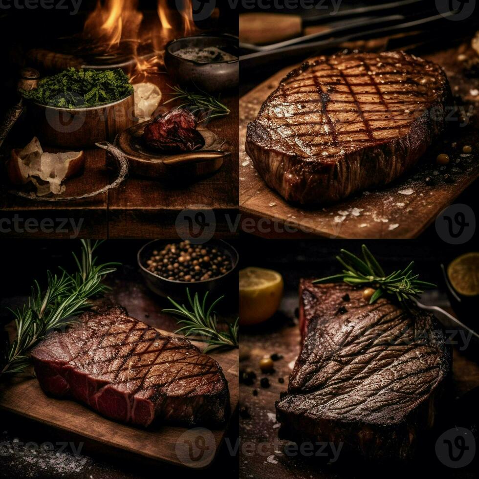 A steak on a cutting board with herbs and spices. generative ai. photo
