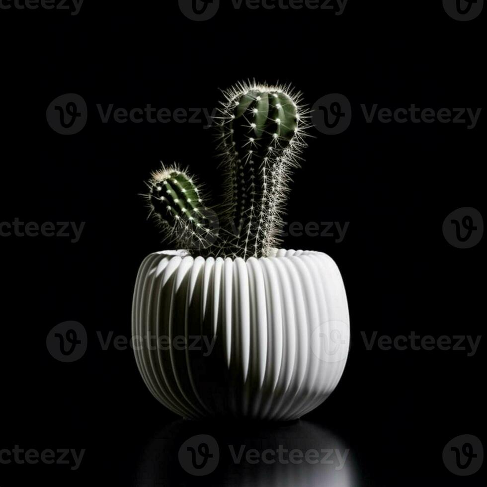 Cactus in a plant pot against a dark black background. generative ai. photo