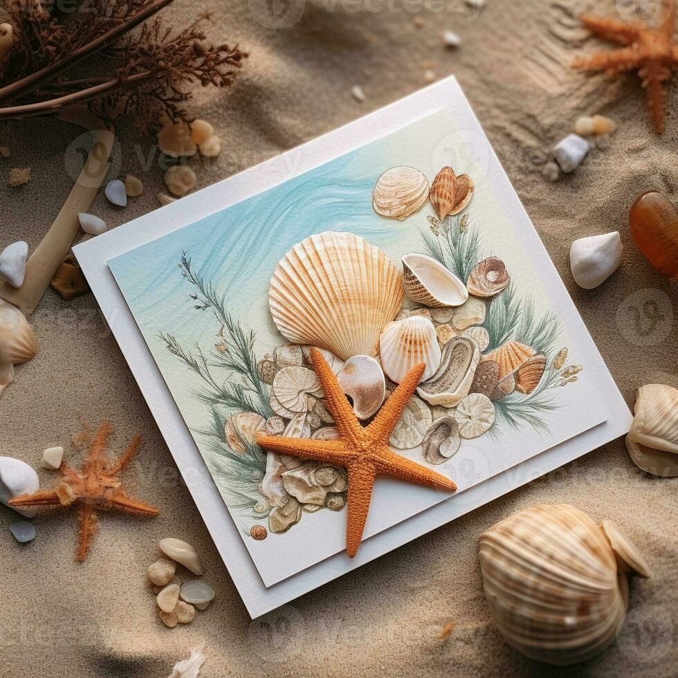 beach themed wedding invitation with seashells and starfish. generative ai photo