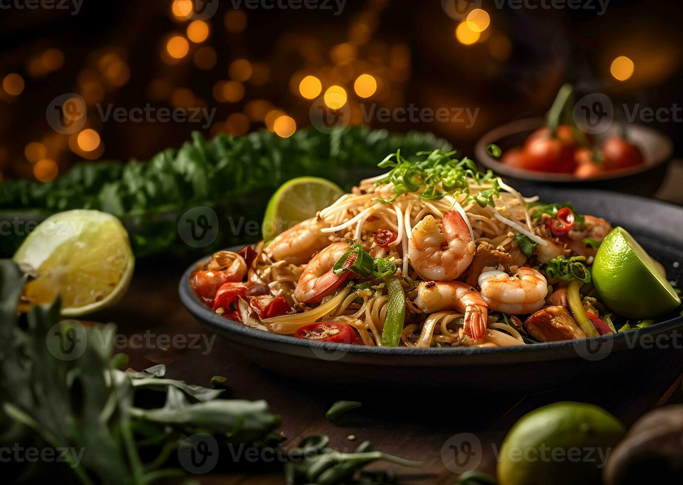 Pad Thai with vegetables on a dark background, Generative Ai. photo