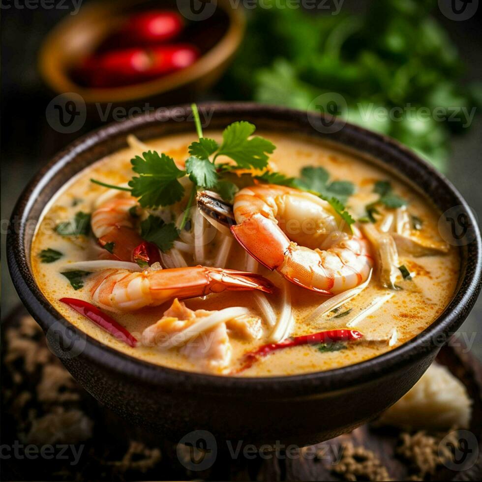 Tom Yam Kung ,Prawn and lemon soup with mushrooms, thai food in bowl. Generative Ai. photo
