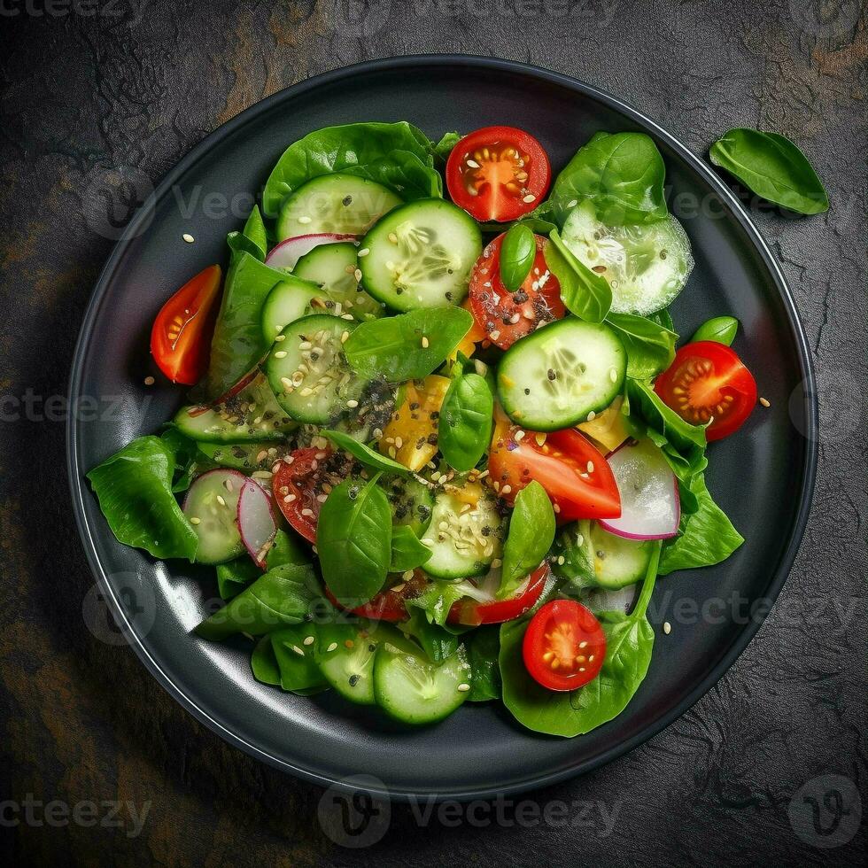 Healthy green salad with fresh tomato, cucumber, red onion and lettuce in bowl on dark stone background. Top view. generative ai. photo