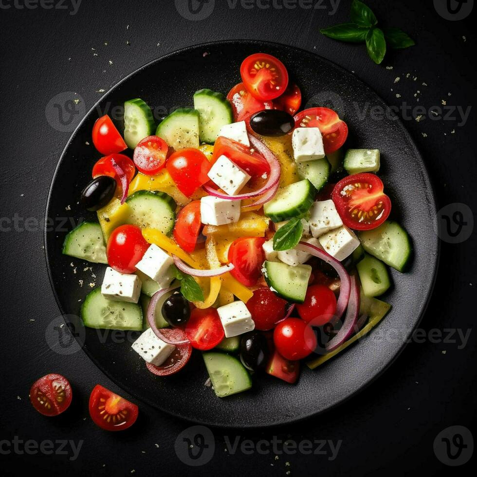 Healthy green salad with fresh tomato, cucumber, red onion and lettuce in bowl on dark stone background. Top view. generative ai. photo