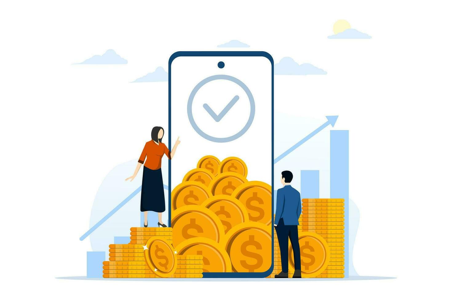 Business people explain how to increase financial value through smartphones. Businessman next to pile of gold coins. Social media, E-commerce, Big phone. Flat vector illustration on background.