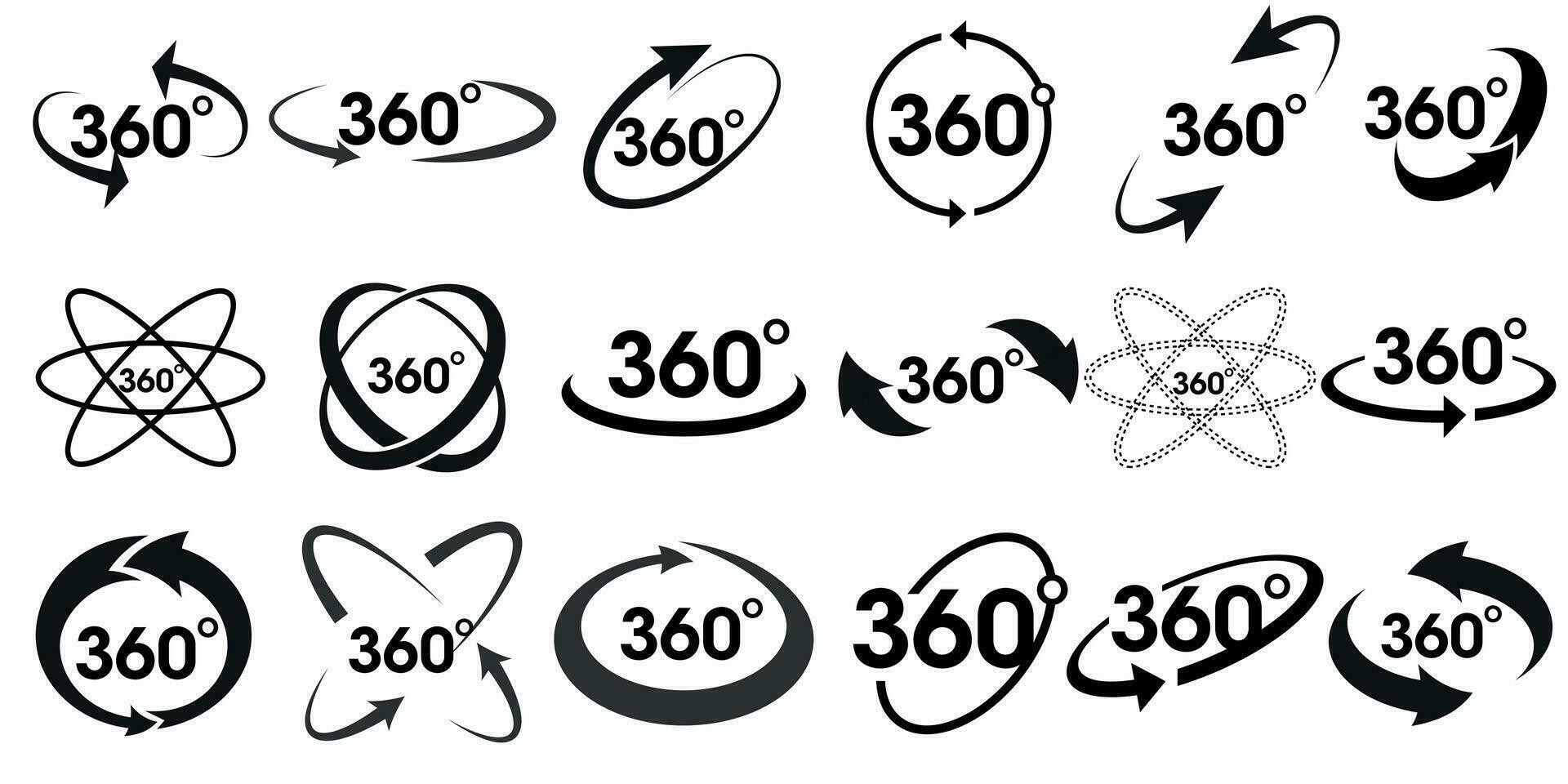 360 degree views of vector circle icons set isolated from the background. Signs with arrows to indicate the rotation or panoramas to 360 degrees. Vector illustration.