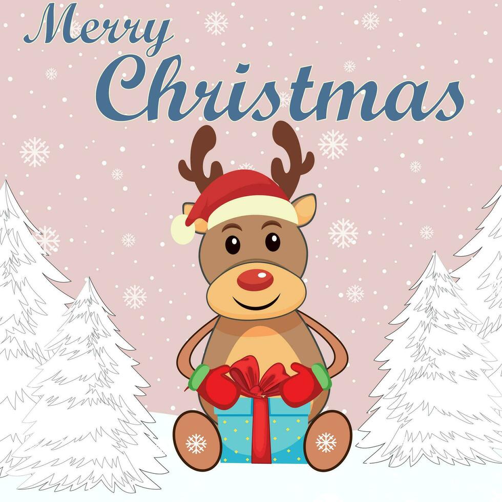 Cute Deer with gift box and Snow. Hello Winter, Happy New Year and Merry Christmas concept. Cartoon greeting card with a deer andgift on the background snowflakes. vector