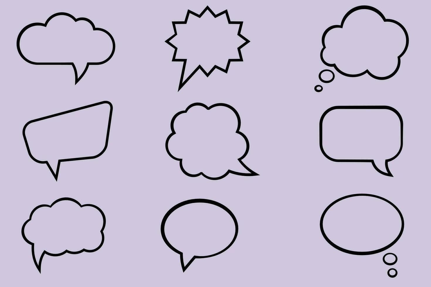 Set of vector comic speech bubbles. Doodle chat cartoon bubbles. Hand drawn vector set. Isolated on lilac background.