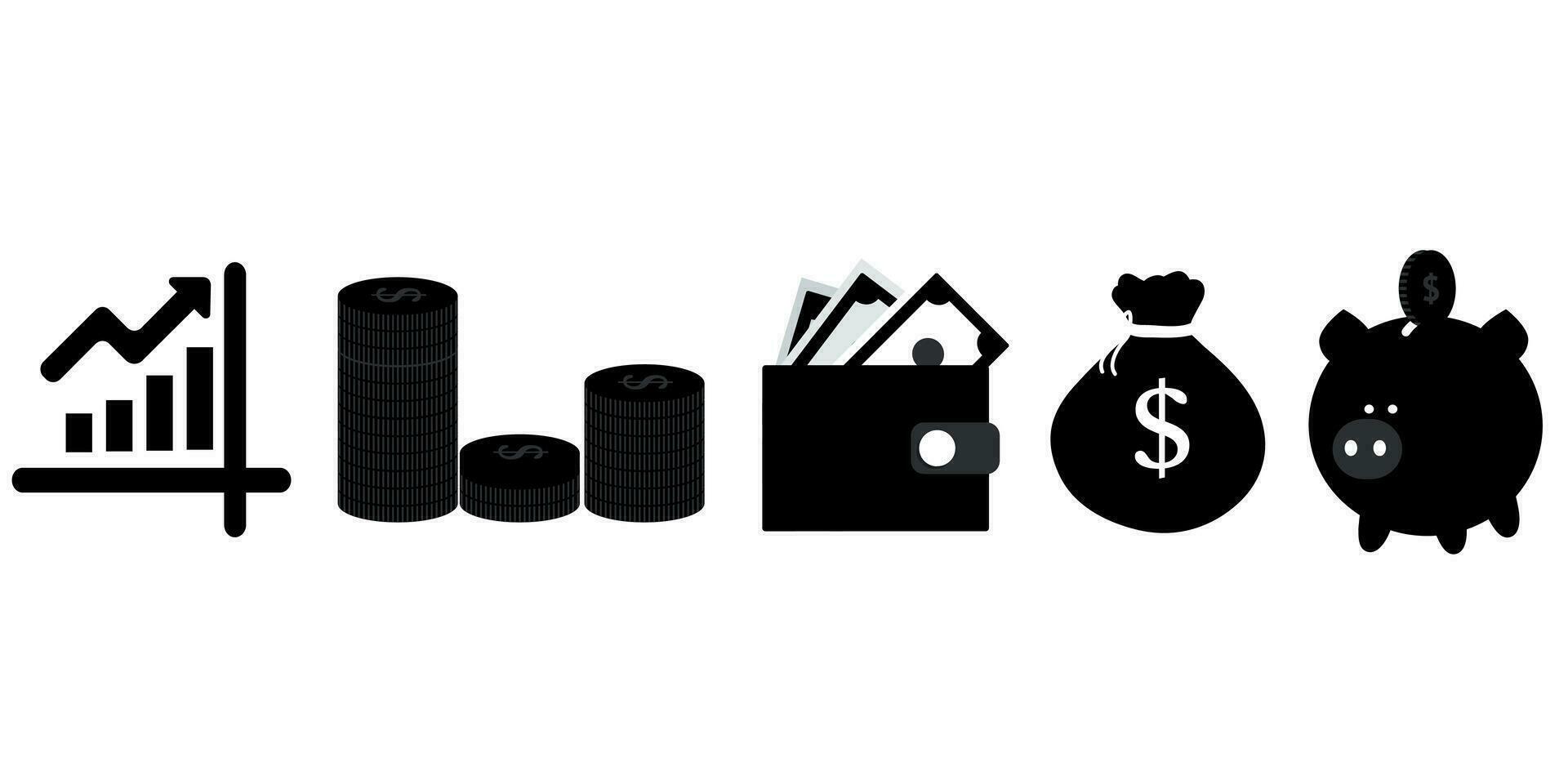 Finance icons. Business Icons, money signs. Money silhouette collection. Wallet with cards icon. Coins silhouette icon. Growth chart. Moneybag or stash. Piggy bank flat style. Stock vector