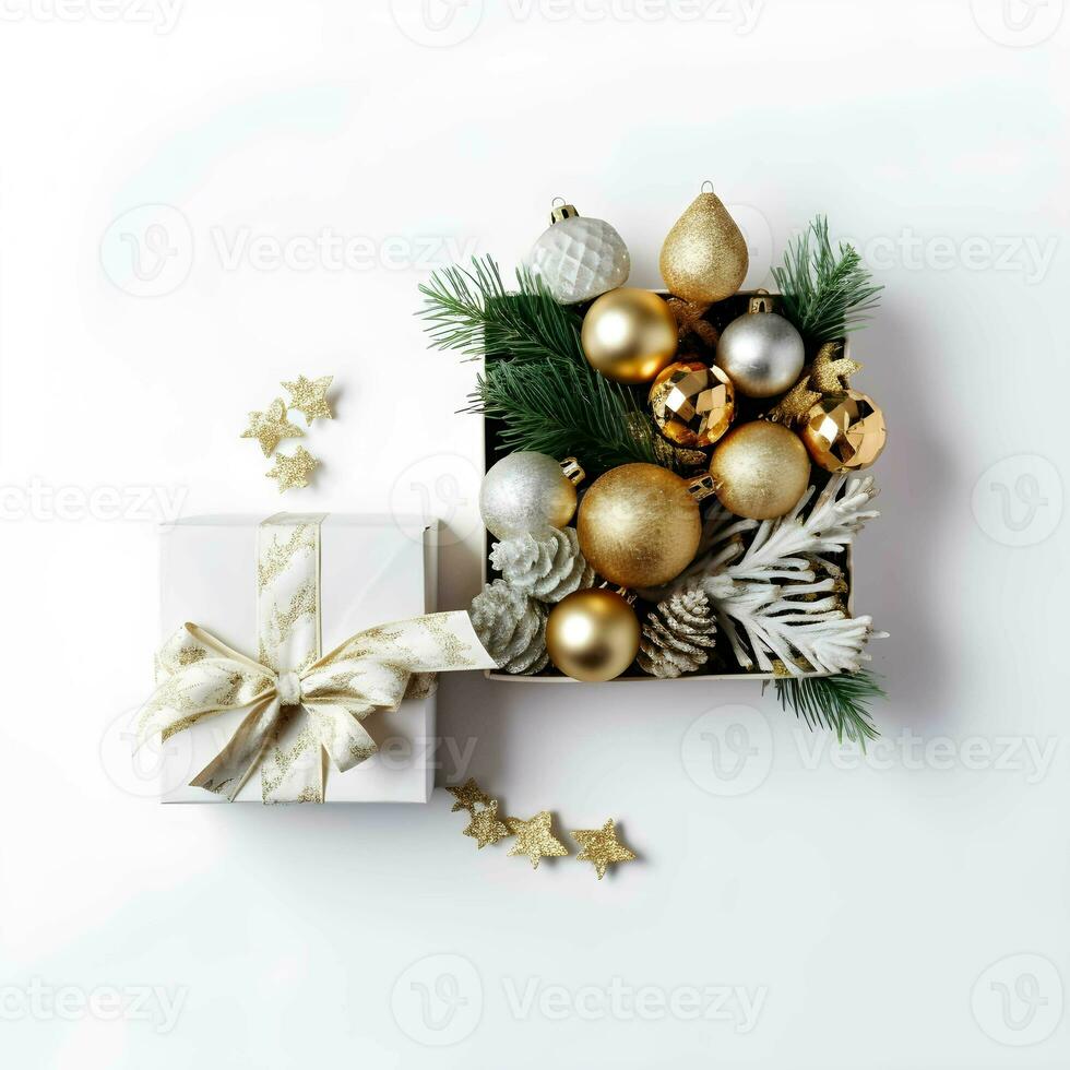 An arrangement of of gold and silver Christmas decorations Gift box on white background. Flat lay. Copy space. with generative Ai. photo