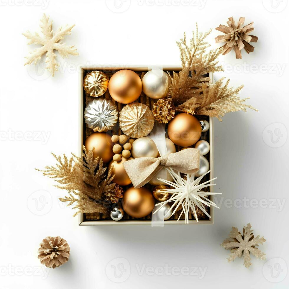 An arrangement of of gold and silver Christmas decorations Gift box on white background. Flat lay. Copy space. with generative Ai. photo