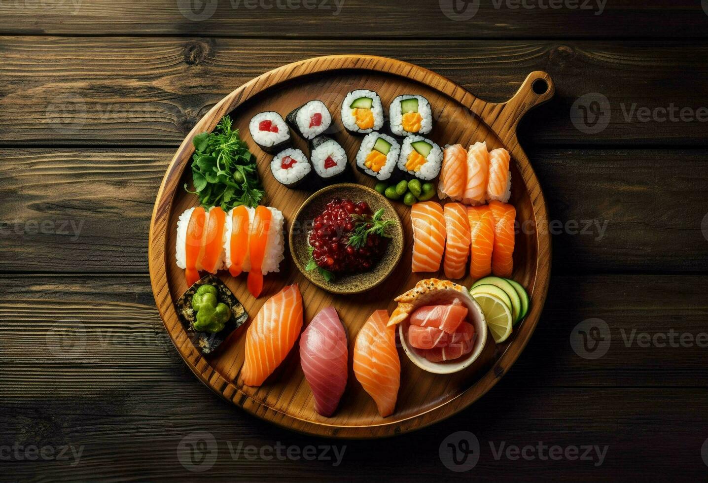 Japanese cuisine. Sushi set on a round plate over dark wooden background.,top view. generative ai. photo