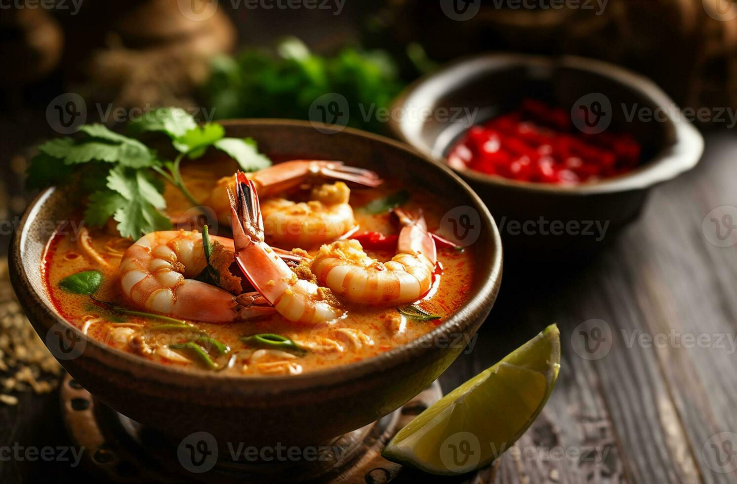 Tom Yam Kung ,Prawn and lemon soup with mushrooms, thai food in bowl. Generative Ai. photo