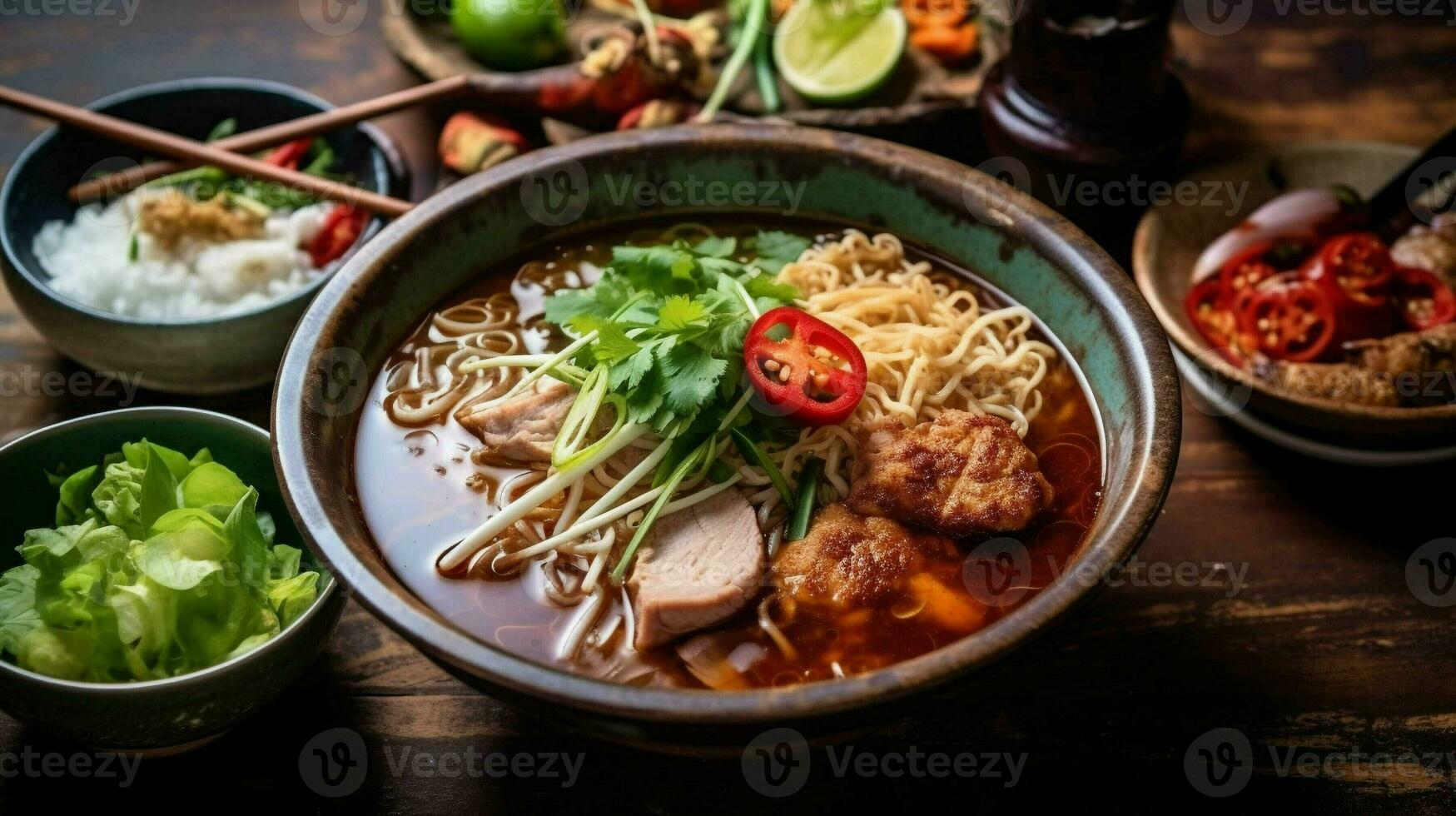 thai style noodle soup and red pork on table. generative ai. photo