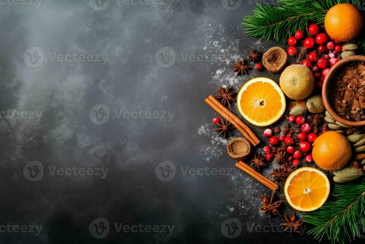 Christmas tree with cones, Christmas decorations on a dark background.  copy space top view. generative ai. photo