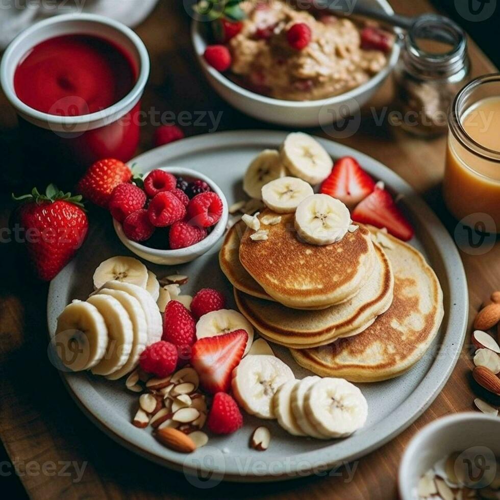 Healthy breakfast set on table. The concept of delicious and healthy food. generative ai. photo