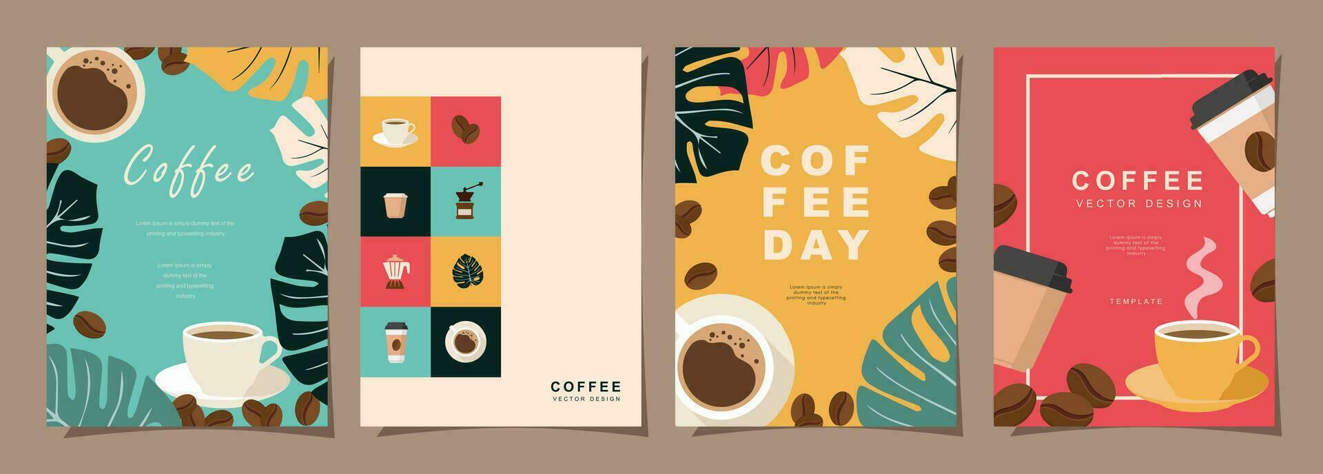 conjunto de bosquejo pancartas con café frijoles y hojas en vistoso antecedentes para póster o otro modelo diseño. vector ilustración.