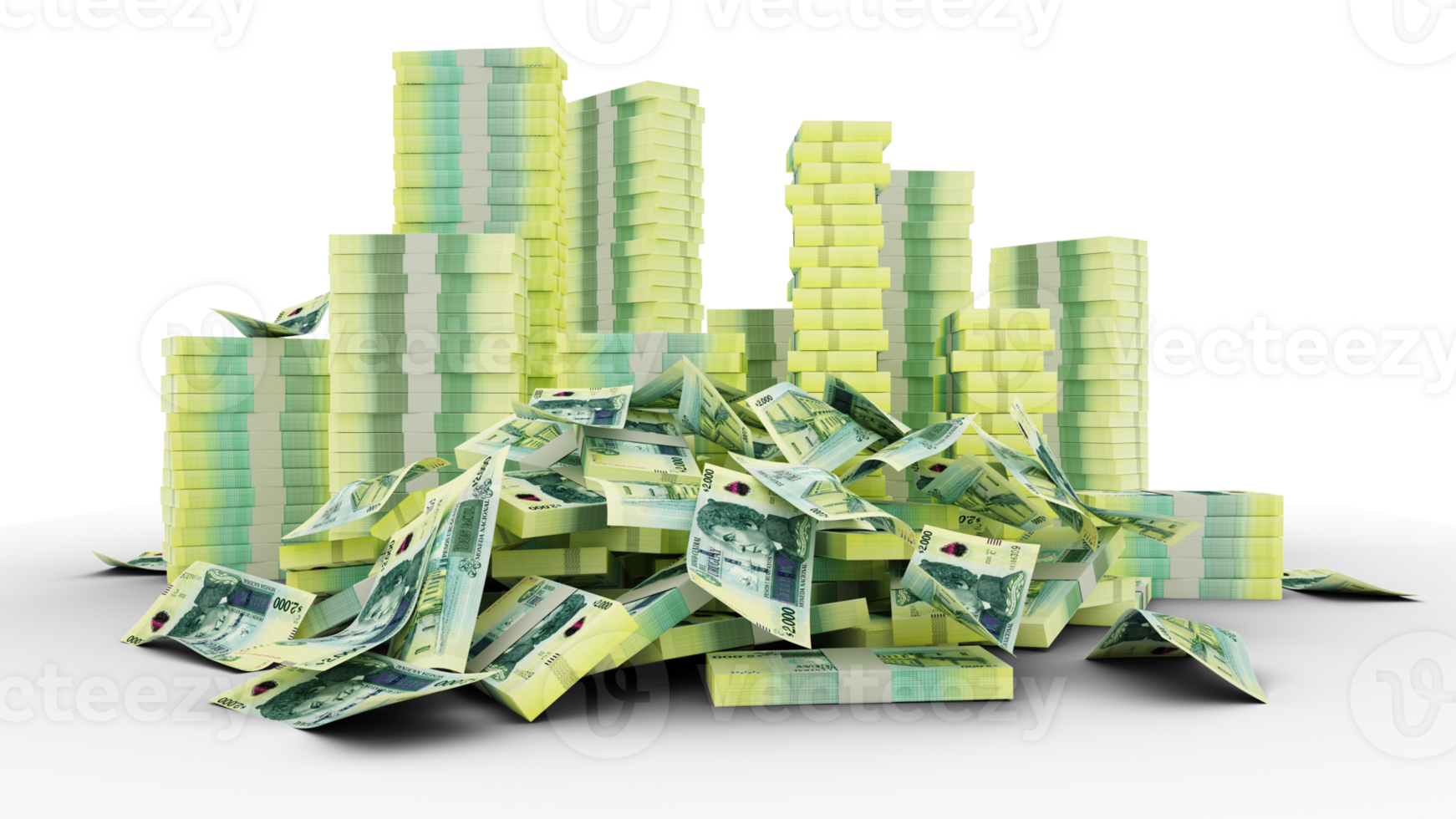 Big stacks of Uruguayan peso notes. A lot of money isolated on transparent background. 3d rendering of bundles of cash png