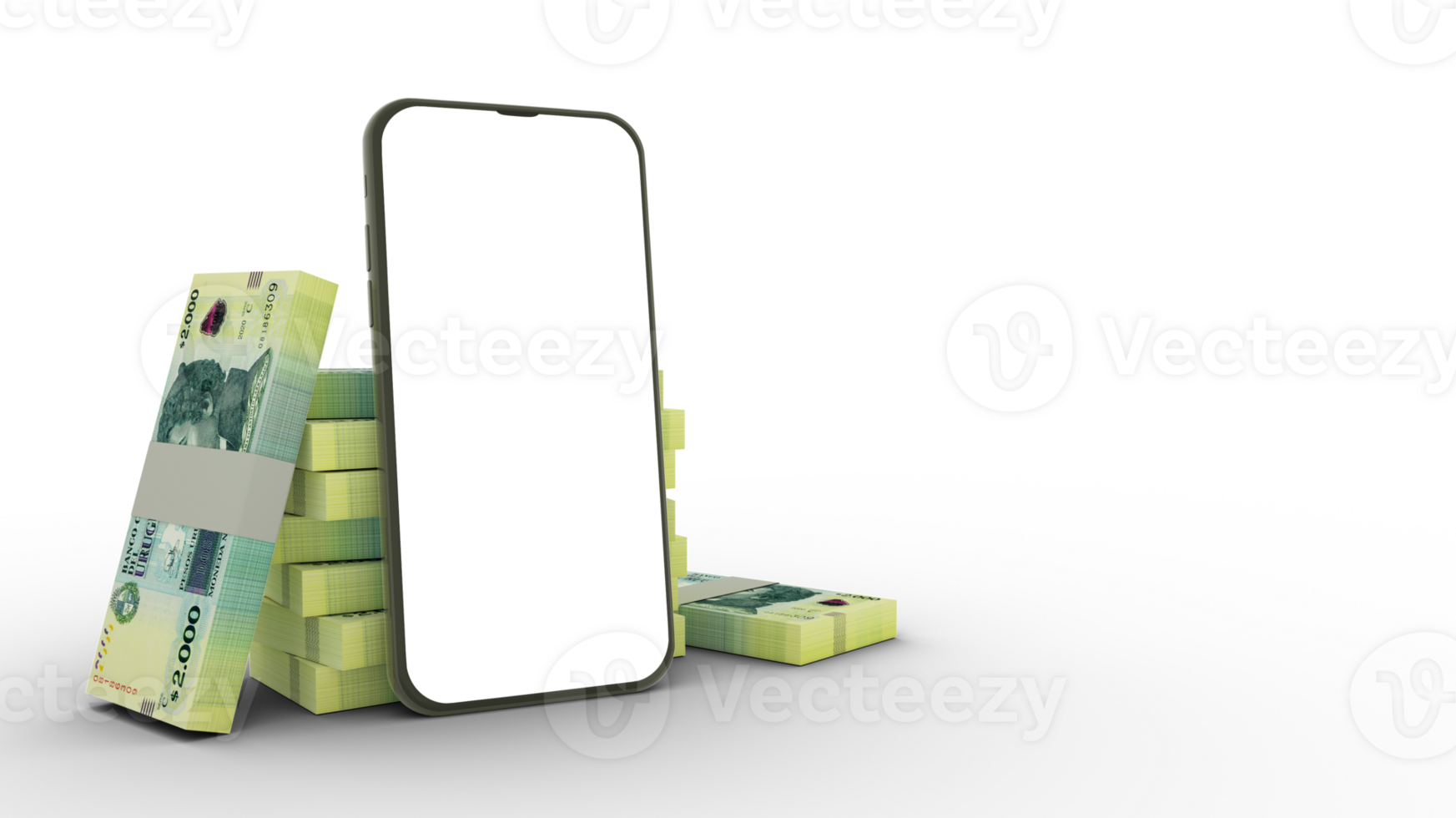 3D rendering of a mobile phone with  blank screen and stacks of Uruguayan peso notes behind isolated on transparent background. png