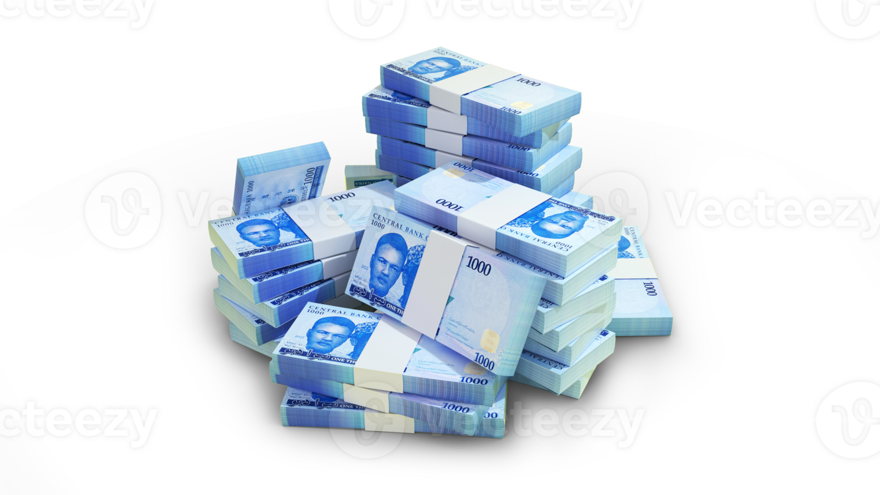 Stacks of 1000 Nigerian naira notes. money on transparent background. 3d rendering of bundles of cash png
