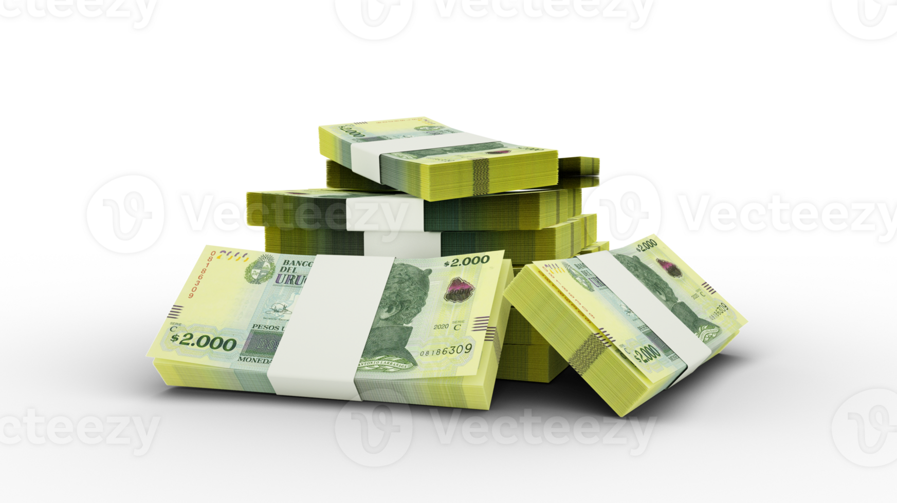 3d rendering of Stack of 2000 Uruguayan peso notes. bundles of Uruguayan currency notes isolated on transparent background png