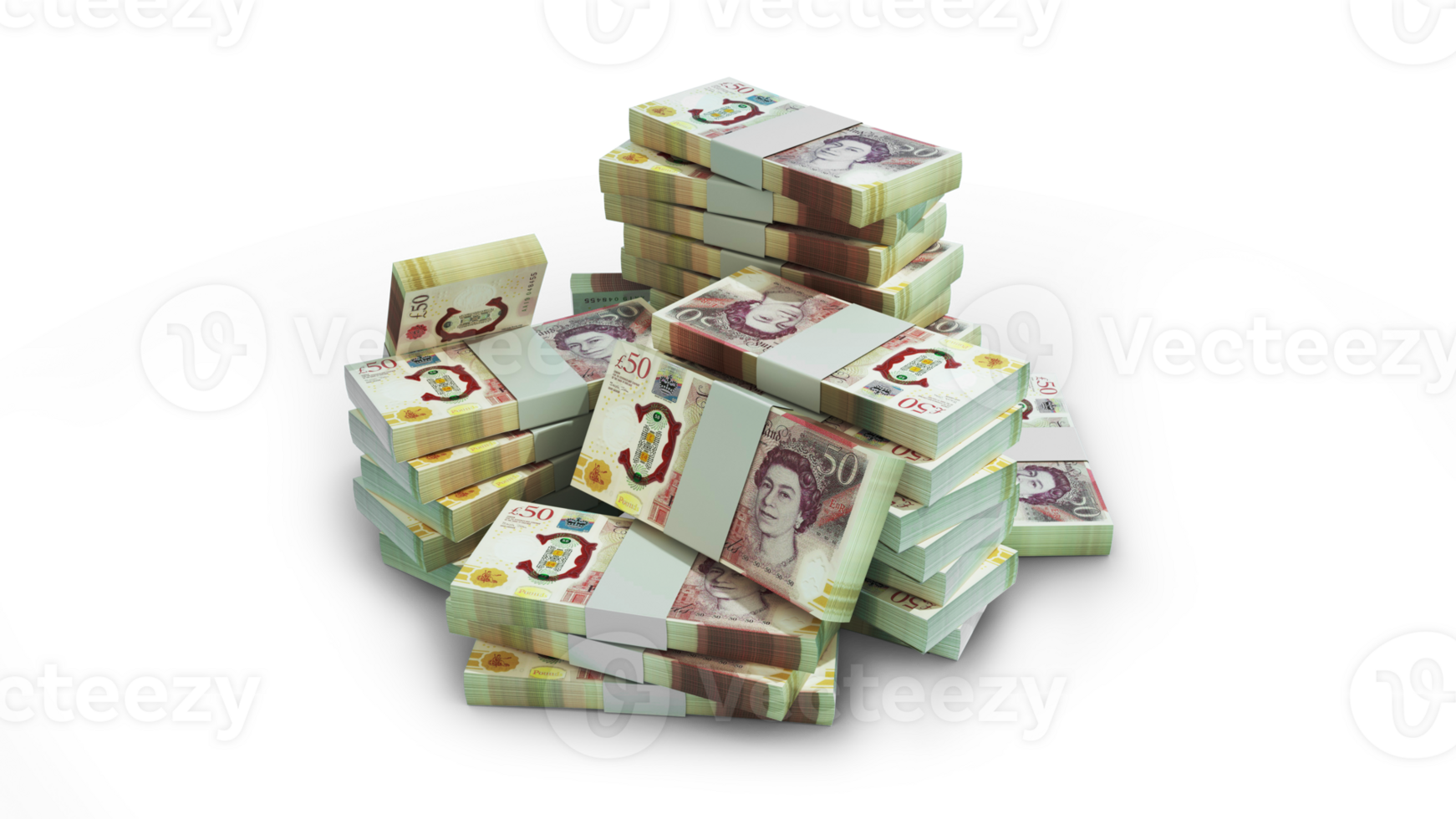 Stacks of 50 British pound notes. money on transparent background. 3d rendering of bundles of cash png