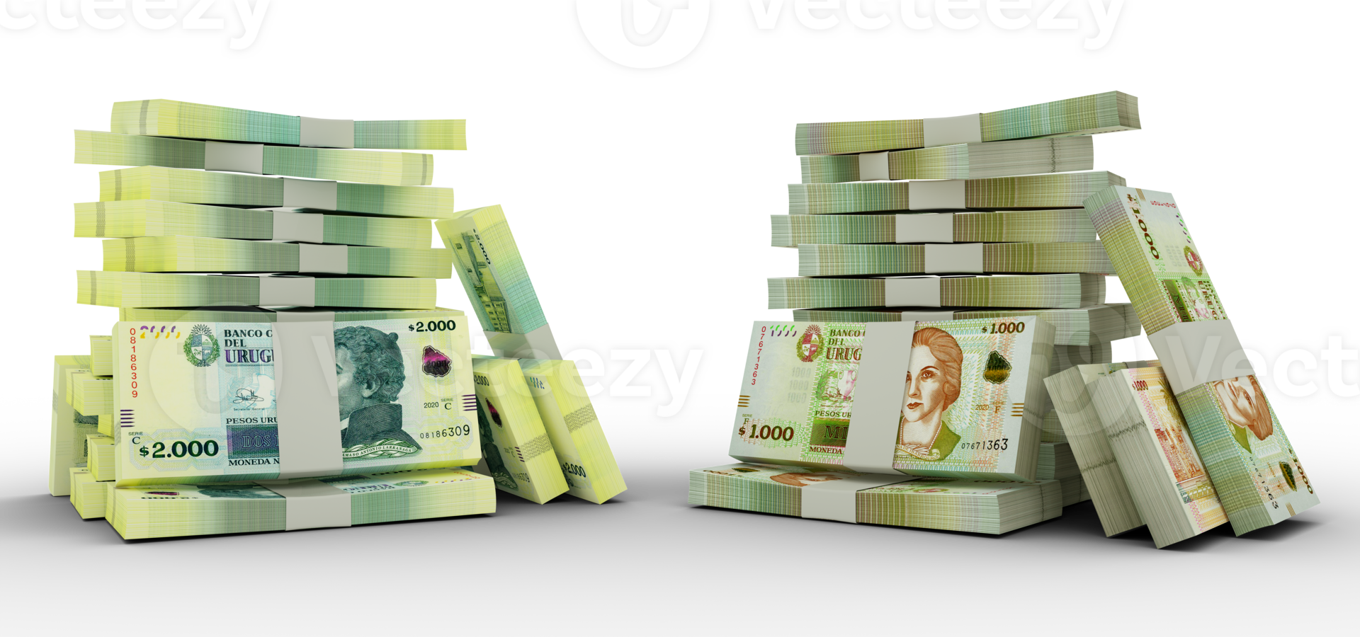 3d rendering of Stacks of 2000 and 1000 Uruguayan peso notes. bundles of Uruguayan currency notes isolated on transparent background png