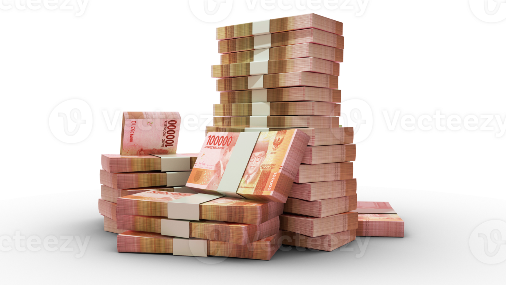 Stacks of 100000 Indonesian rupiah notes. money on transparent background. 3d rendering of bundles of cash png