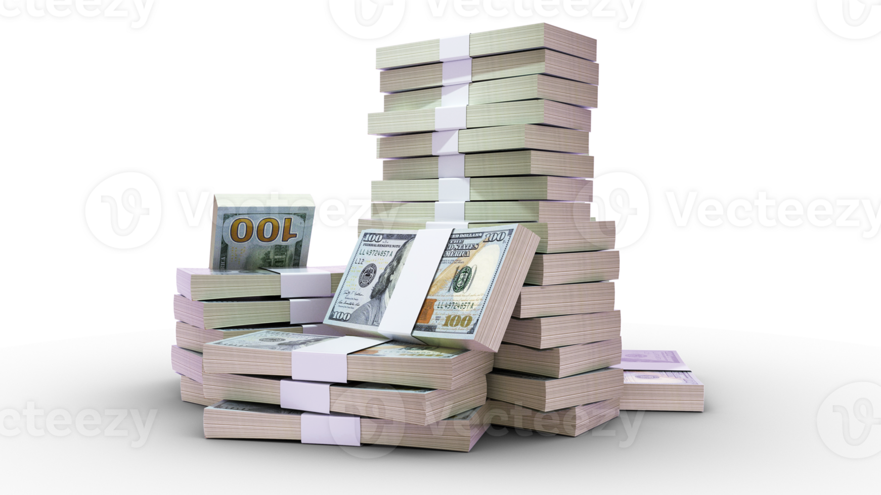 Stacks of 100 US dollar notes on top of pedestal. money on transparent background. 3d rendering of bundles of cash png