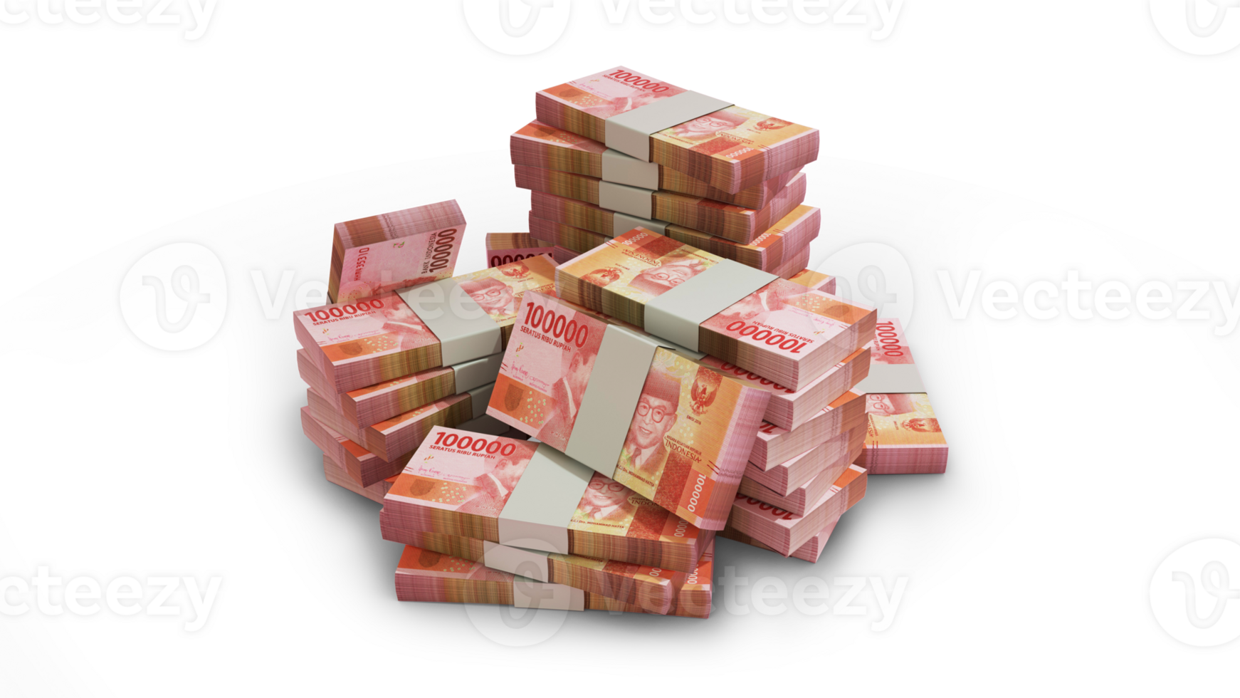 Stacks of 100000 Indonesian rupiah notes. money on transparent background. 3d rendering of bundles of cash png