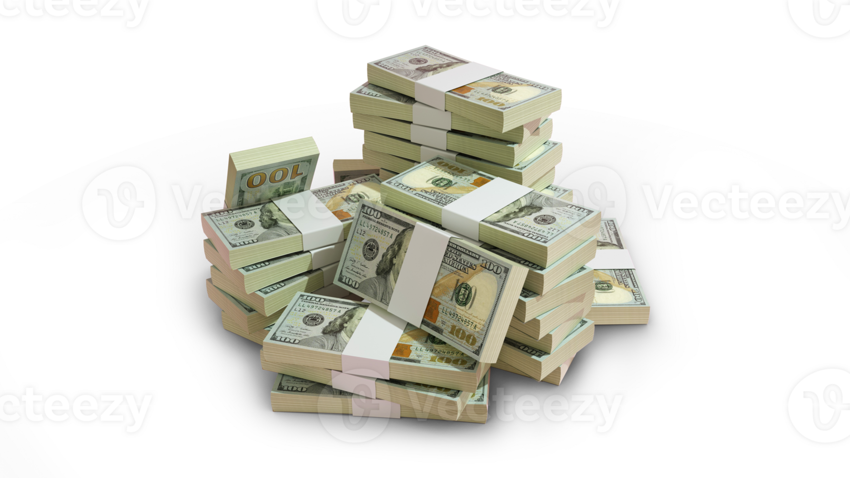 Stacks of 100 US dollar notes on top of pedestal. money on transparent background. 3d rendering of bundles of cash png